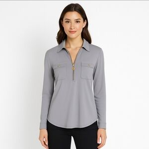 Anne Klein Gray Half Zip Flowy Blouse Roll Tan Sleeve Sz Med